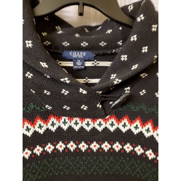 VINTAGE Chaps Ralph Lauren Black Cotton Fair Isle Ski Knit Holiday Sweater 1X XL - Picture 5 of 7